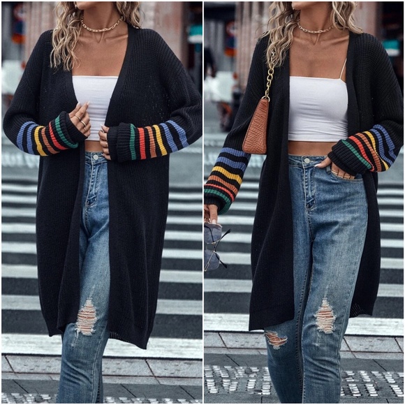 029 Cozy Striped Sleeve Open Front Long Cardigan - Picture 2 of 2